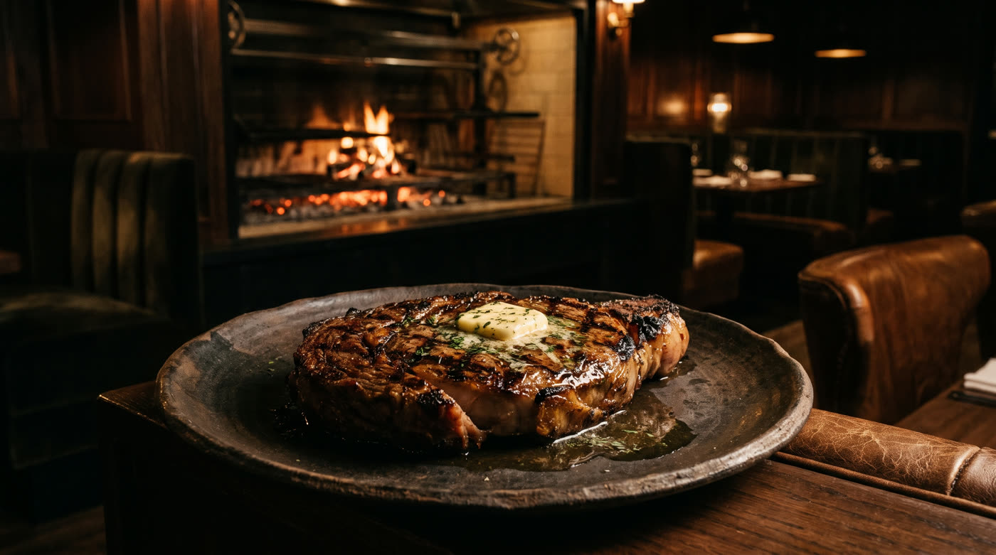 Chuletón a la brasa en plato de barro con la parrilla al fondo