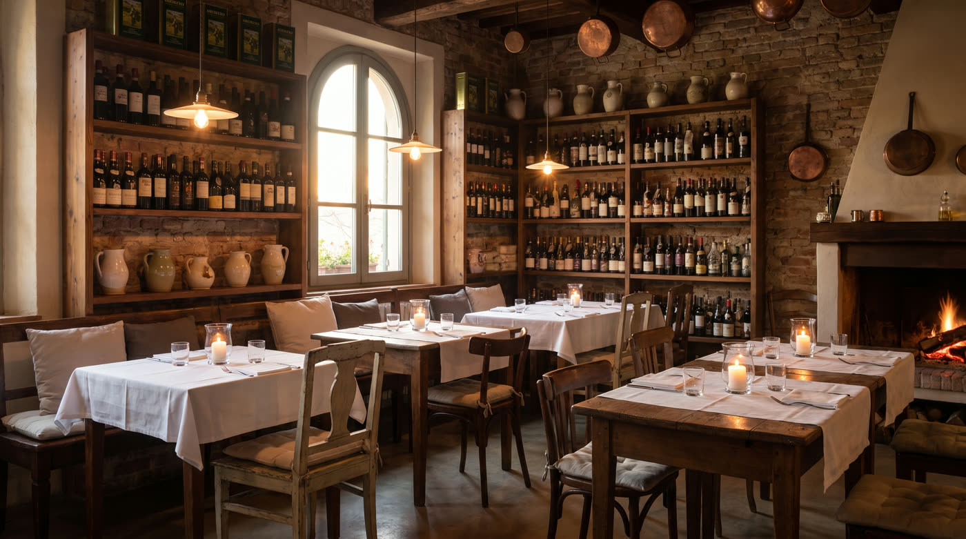 Sala de una trattoria con paredes de ladrillo, botellas de vino y velas